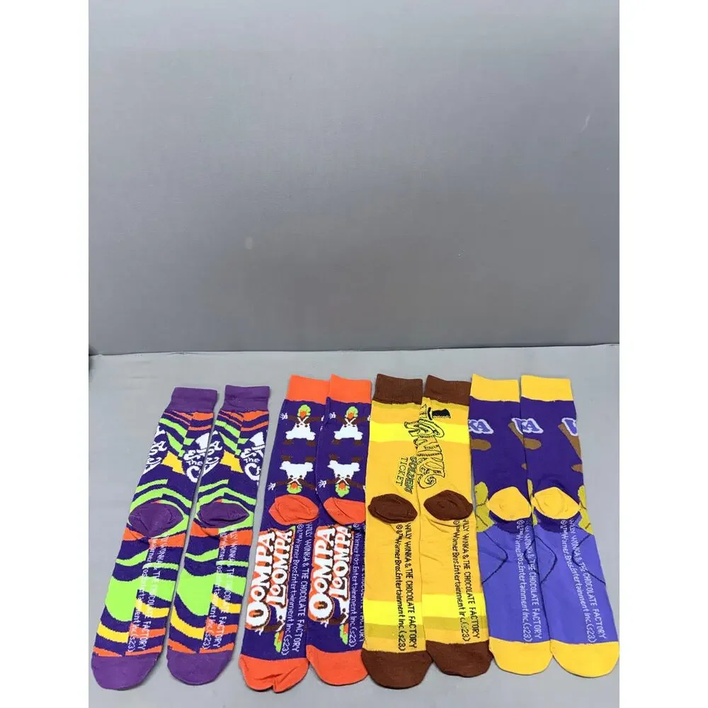 Willy Wonka Chocolate Factory Crew Socks 4 Pack Mens Size 8-12 Oompa Loompa NEW